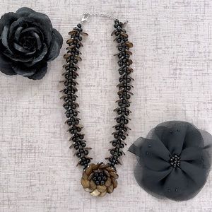 Floral Black Beaded Statement Necklace with Extender